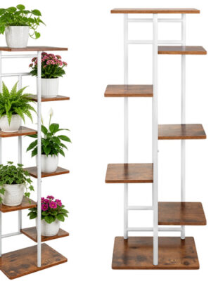 Stående plantehylde i loftstil med 7 niveauer – 120 cm, hvid/træfarvet