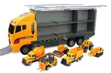 114439.jpg Legetøjslastbil med biltransporter og 6 entreprenørmaskiner