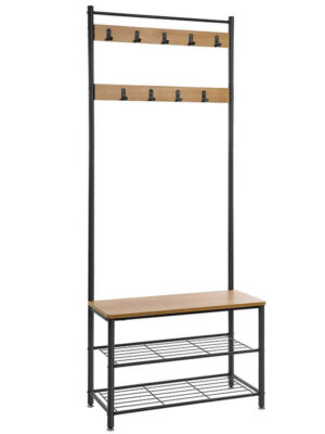Garderobestativ med 9 knager, skoreol & bænk industrielt design træ/metalkombination