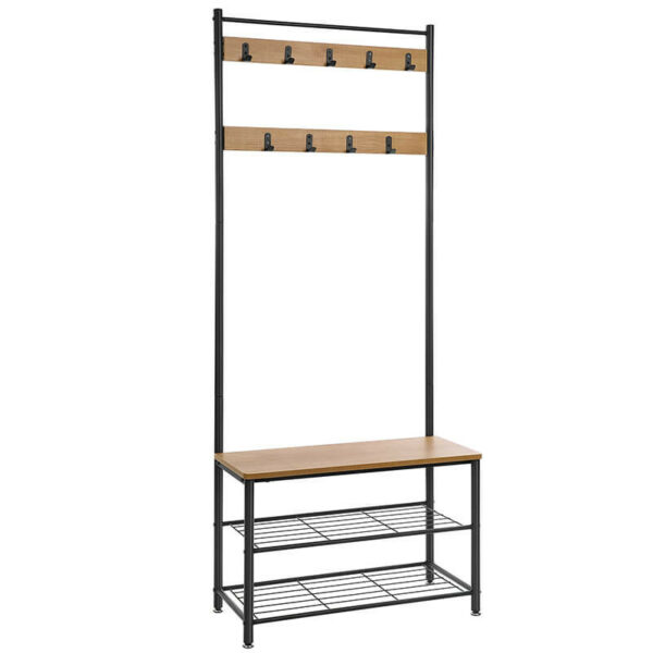 116359.jpg Garderobestativ med 9 knager, skoreol & bænk industrielt design træ/metalkombination