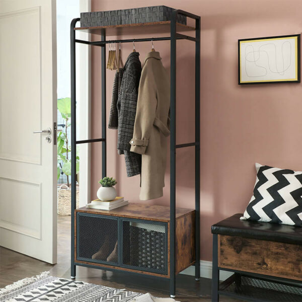 116370.jpg Garderobestativ med skohylde 80×40×180 cm vintage brun træ/stål finish