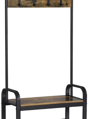 Garderobestativ med 2 skohylder, 9 knager & bænk brun/sort 72×33,7×183 cm industrielt design