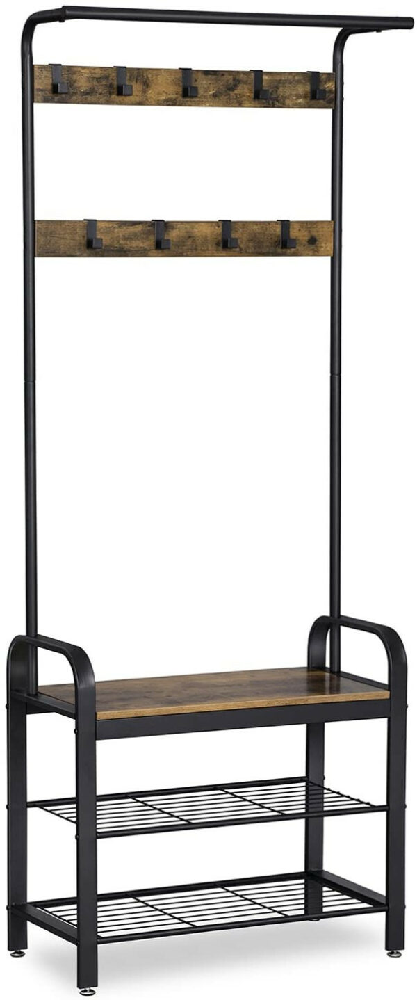 116750.jpg Garderobestativ med 2 skohylder, 9 knager & bænk brun/sort 72×33,7×183 cm industrielt design