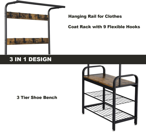 116752.jpg Garderobestativ med 2 skohylder, 9 knager & bænk brun/sort 72×33,7×183 cm industrielt design