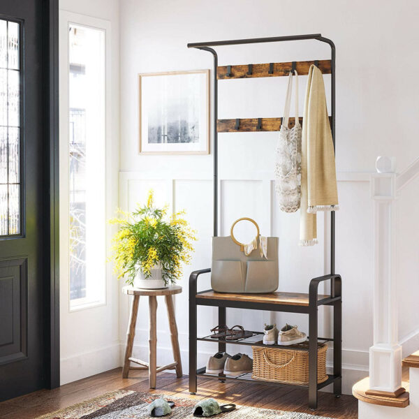 116753.jpg Garderobestativ med 2 skohylder, 9 knager & bænk brun/sort 72×33,7×183 cm industrielt design