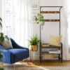 116754.jpg Garderobestativ med 2 skohylder, 9 knager & bænk brun/sort 72×33,7×183 cm industrielt design