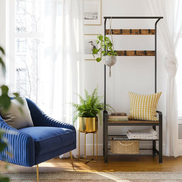 116754.jpg Garderobestativ med 2 skohylder, 9 knager & bænk brun/sort 72×33,7×183 cm industrielt design
