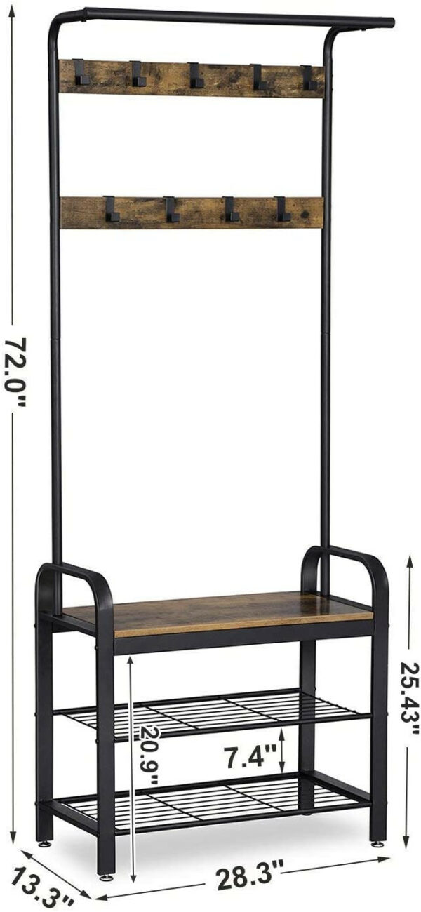 116755.jpg Garderobestativ med 2 skohylder, 9 knager & bænk brun/sort 72×33,7×183 cm industrielt design