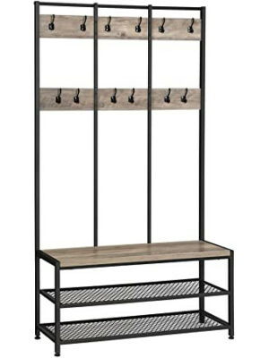Tøjbøjle med 12 kroge, bænk & skohylder greige træ/metal industrielt design
