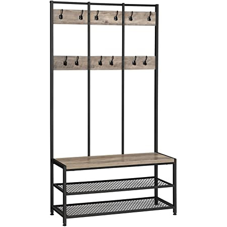 120582.jpg Tøjbøjle med 12 kroge, bænk & skohylder greige træ/metal industrielt design