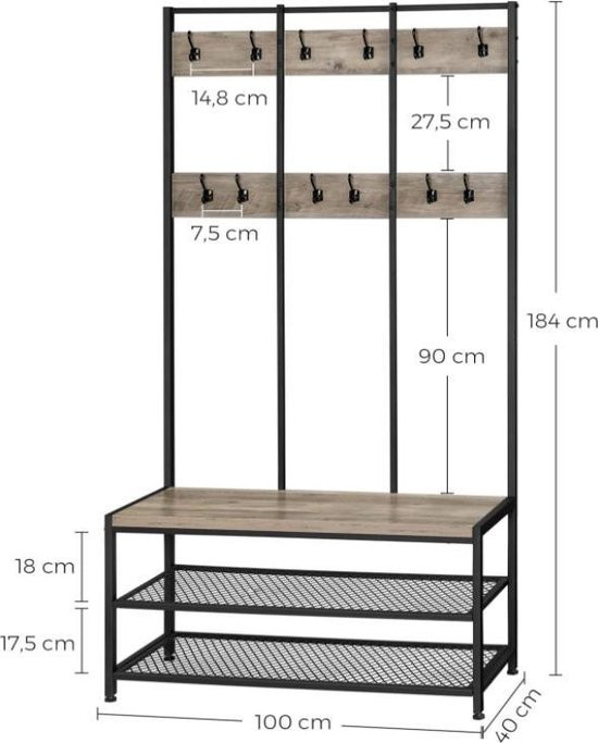 120583.jpg Tøjbøjle med 12 kroge, bænk & skohylder greige træ/metal industrielt design