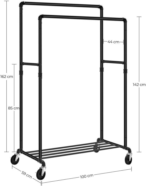 Industrielt tøjstativ med 2 stænger & hjul sort 100×59×146-162 cm – maks 110 kg kapasitet