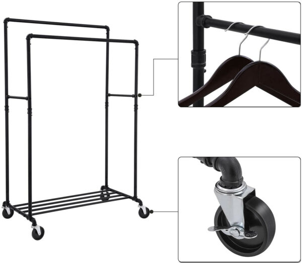 Industrielt tøjstativ med 2 stænger & hjul sort 100×59×146-162 cm – maks 110 kg kapasitet