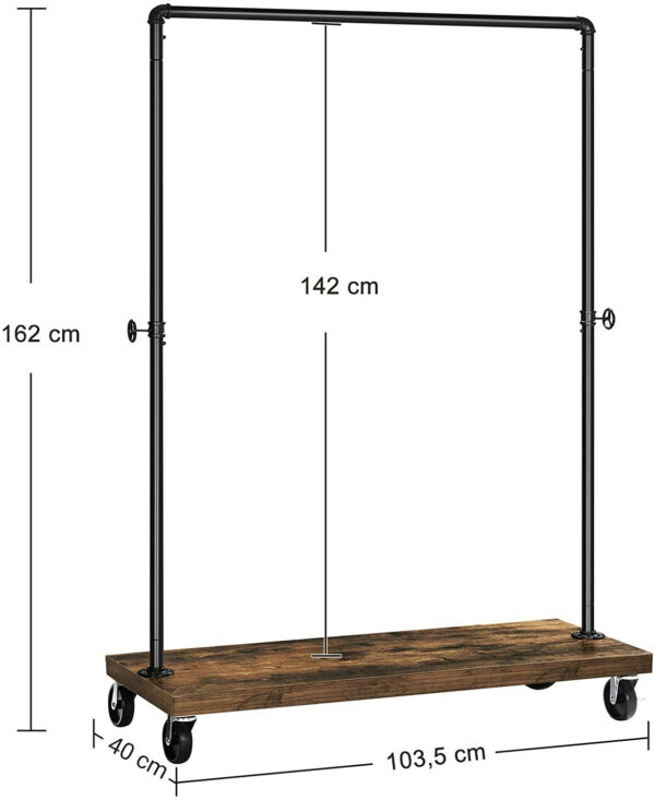 Kraftigt tøjstativ med låsbare hjul, 90 kg kapacitet + knagerække & hylde brun/sort stål/træ