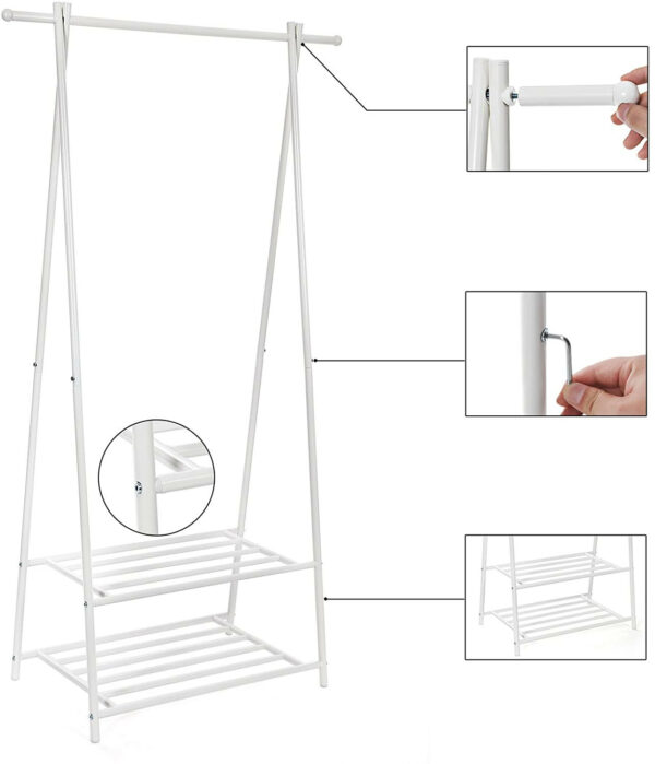 122730.jpg Tøjstativ med 2 hylder til tøj & sko hvid stål 160×84×42 cm