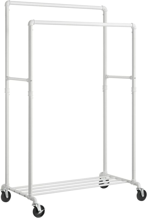 HSR060W01-0.jpg Tøjstativ med 2 stænger, hylde & hjul hvid – industrielt pibe design