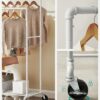 HSR060W01-5.jpg Tøjstativ med 2 stænger, hylde & hjul hvid – industrielt pibe design