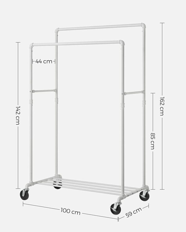 HSR060W01-6.jpg Tøjstativ med 2 stænger, hylde & hjul hvid – industrielt pibe design