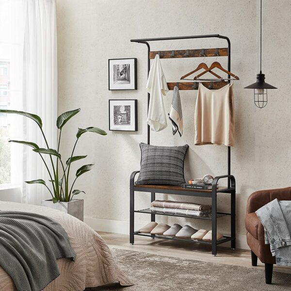 Tøjbøjle med skobænk 337×84×183 cm træ/metal design