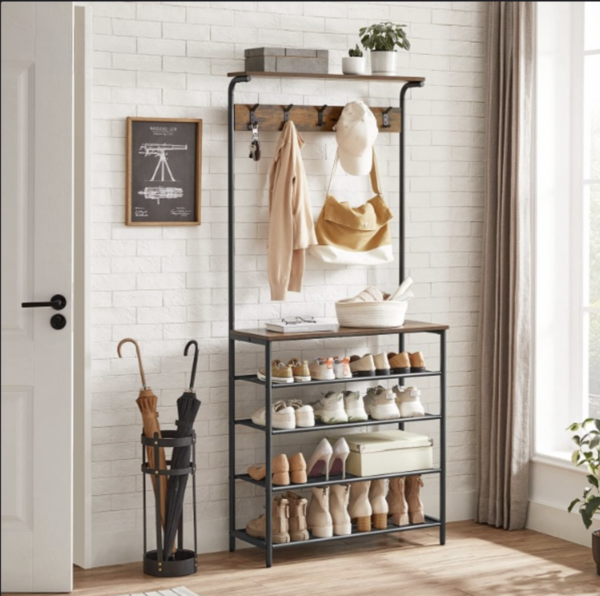 HSR408B01-1.png Skohylde med tøjbøjle “Hall Møbler” industrielt design træ/sort stål