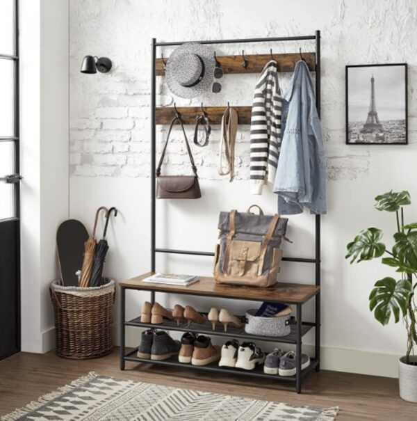 Screenshot XL tøjbøjle med 11 kroge, bænk & 2 skoholdere – industrielt design