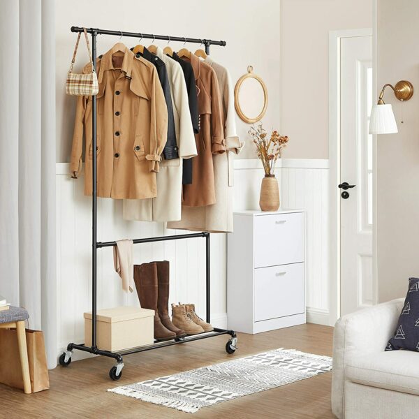 HSR62BK-1.jpg Rulbart tøjstativ 110 kg med hjul – industrielt rørdesign sort