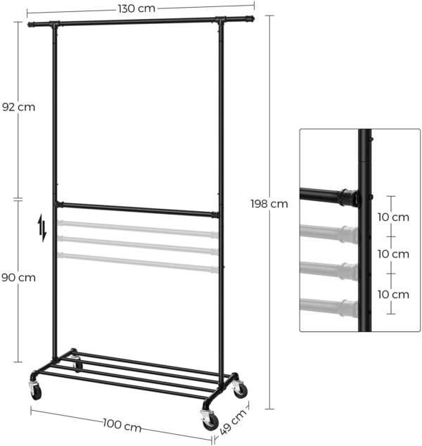 HSR62BK-2.jpg Rulbart tøjstativ 110 kg med hjul – industrielt rørdesign sort