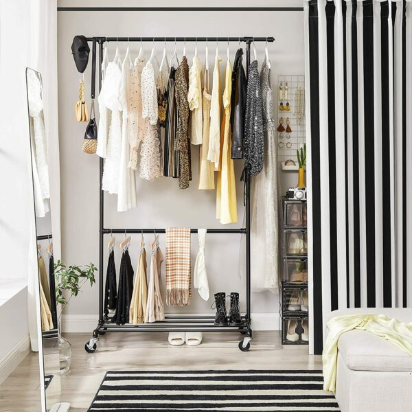 HSR62BK-6.jpg Rulbart tøjstativ 110 kg med hjul – industrielt rørdesign sort