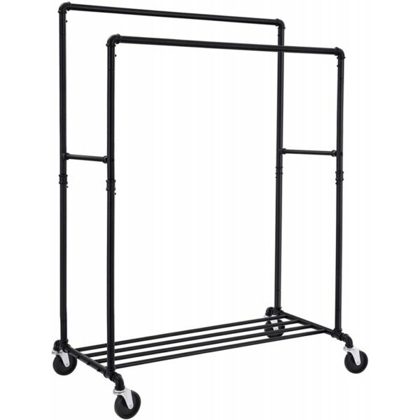 Industrielt tøjstativ med 2 stænger & hjul sort 100×59×146-162 cm – maks 110 kg kapasitet